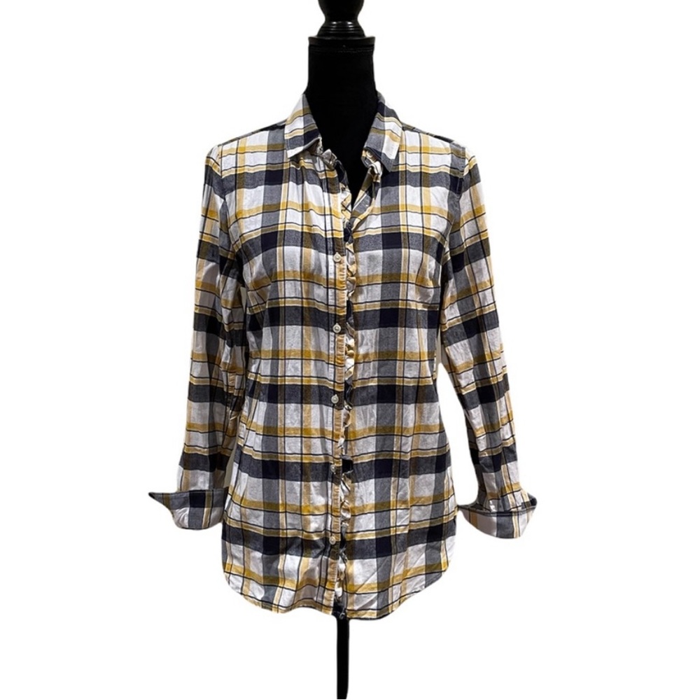 Banana Republic plaid button front flannel shirt navy white yellow size medium